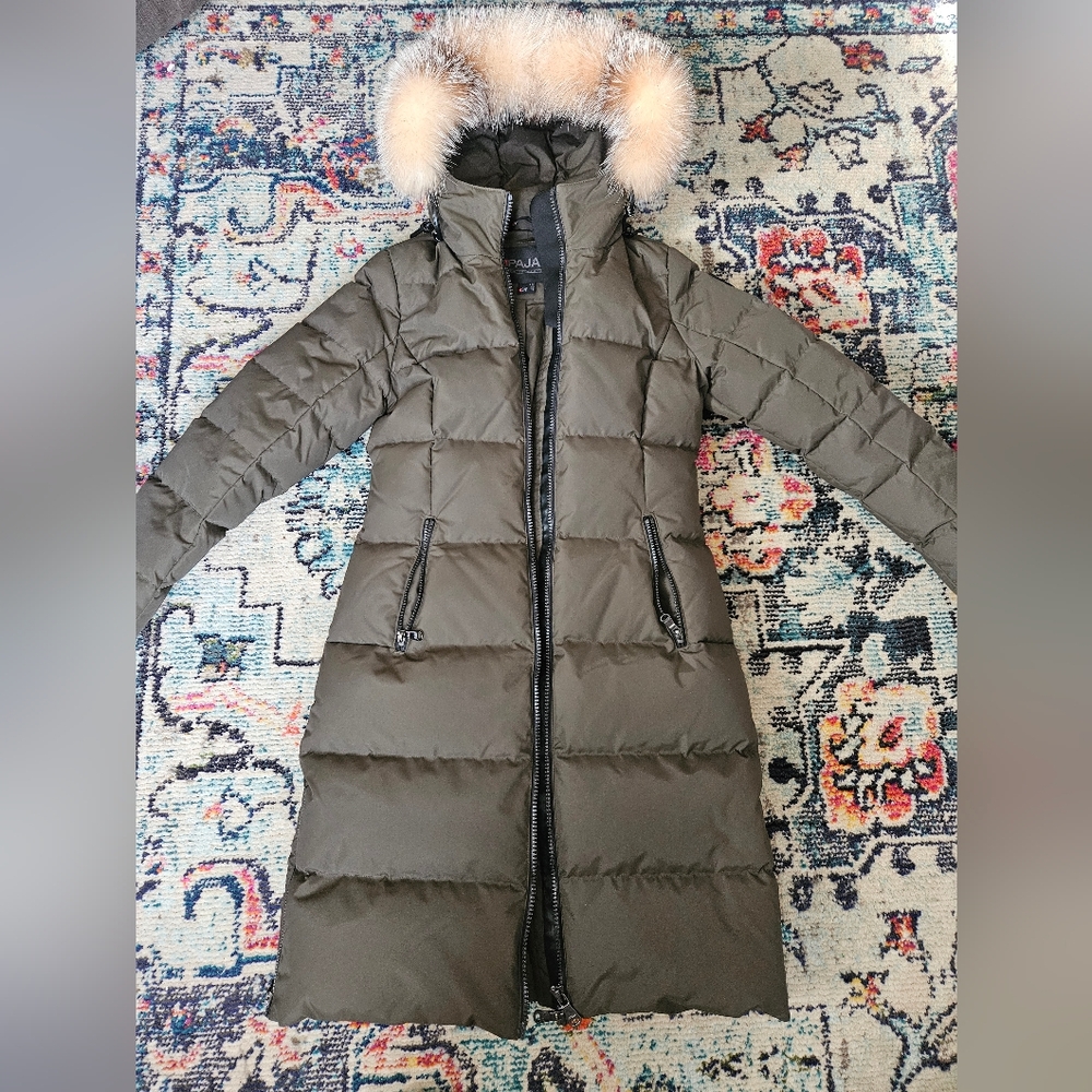Pajar Canada Jayde Women's Long Down Puffer Faux Fur Hooded Coat Size S Green